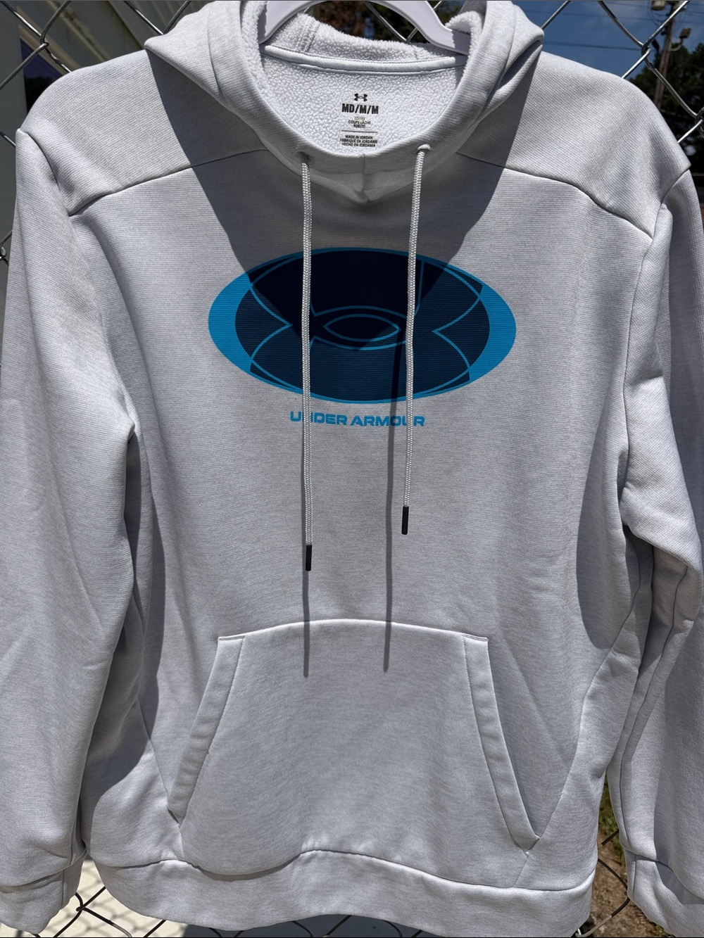 Under Armour Men’s Light Gray Crewneck Hoodie with Blue Logo